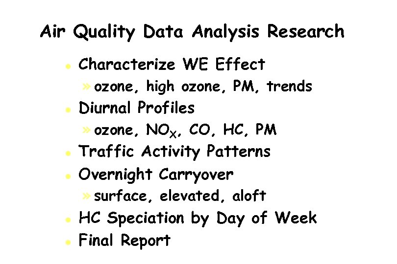Air Quality Data Analysis Research l l l Characterize WE Effect » ozone, high