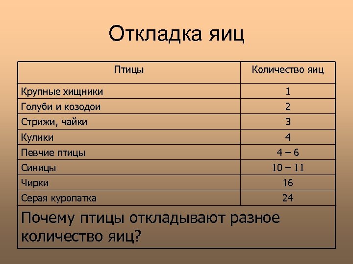 Откладка яиц Птицы Количество яиц Крупные хищники 1 Голуби и козодои 2 Стрижи, чайки