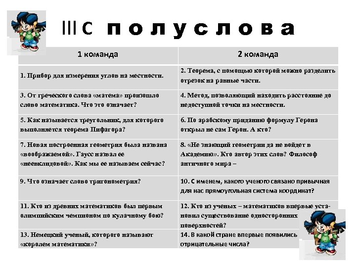 III С п о л у с л о в а 1 команда 2