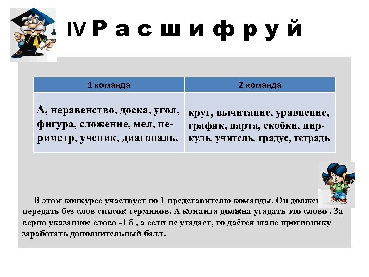 IV Р а с ш и ф р у й 1 команда 2 команда