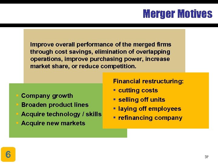 Merger Motives Improve overall performance of the merged firms through cost savings, elimination of