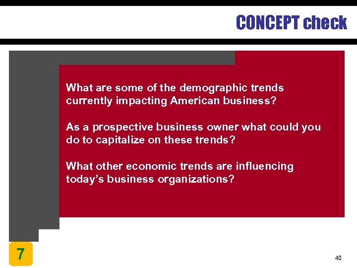 CONCEPT check What are some of the demographic trends currently impacting American business? As
