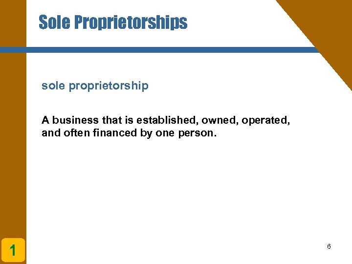 Sole Proprietorships sole proprietorship A business that is established, owned, operated, and often financed