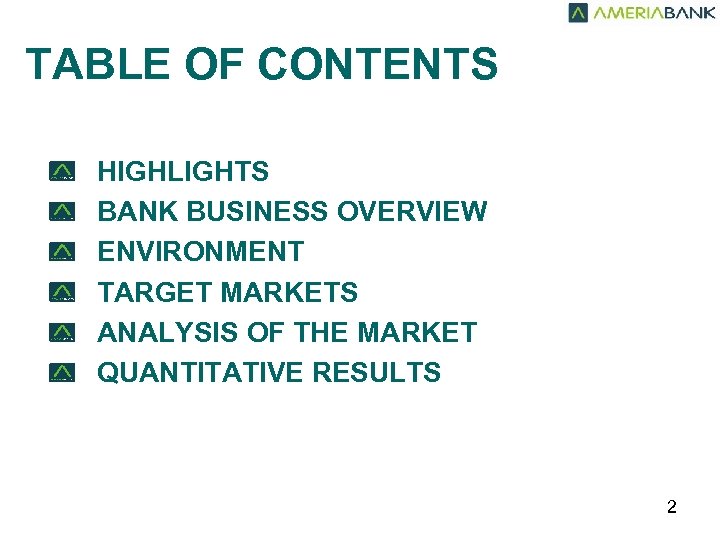 TABLE OF CONTENTS HIGHLIGHTS BANK BUSINESS OVERVIEW ENVIRONMENT TARGET MARKETS ANALYSIS OF THE MARKET