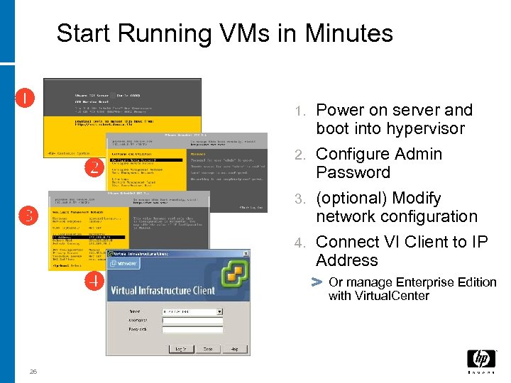 Start Running VMs in Minutes 3 i 26 Power on server and boot into
