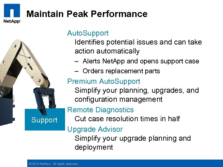 Maintain Peak Performance Auto. Support Identifies potential issues and can take action automatically –