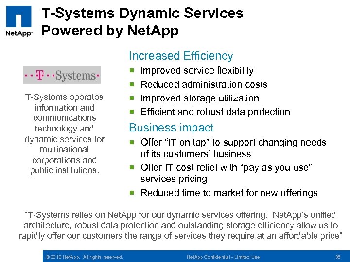 T-Systems Dynamic Services Powered by Net. App Increased Efficiency T-Systems operates information and communications