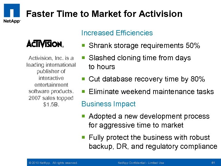 Faster Time to Market for Activision Increased Efficiencies ¡ Shrank storage requirements 50% Activision,