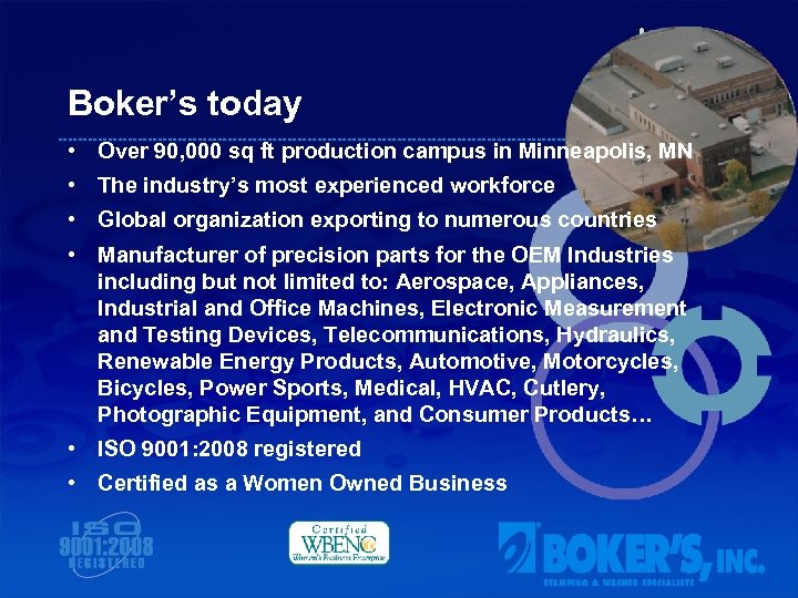 Boker’s today • Over 90, 000 sq ft production campus in Minneapolis, MN •