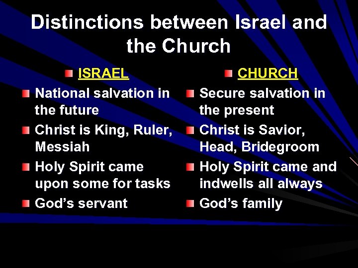 Distinctions between Israel and the Church ISRAEL National salvation in the future Christ is