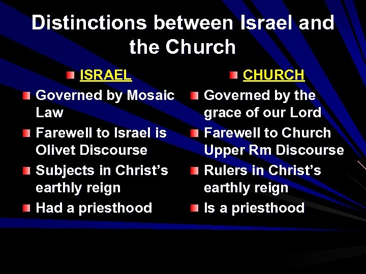 Distinctions between Israel and the Church ISRAEL Governed by Mosaic Law Farewell to Israel