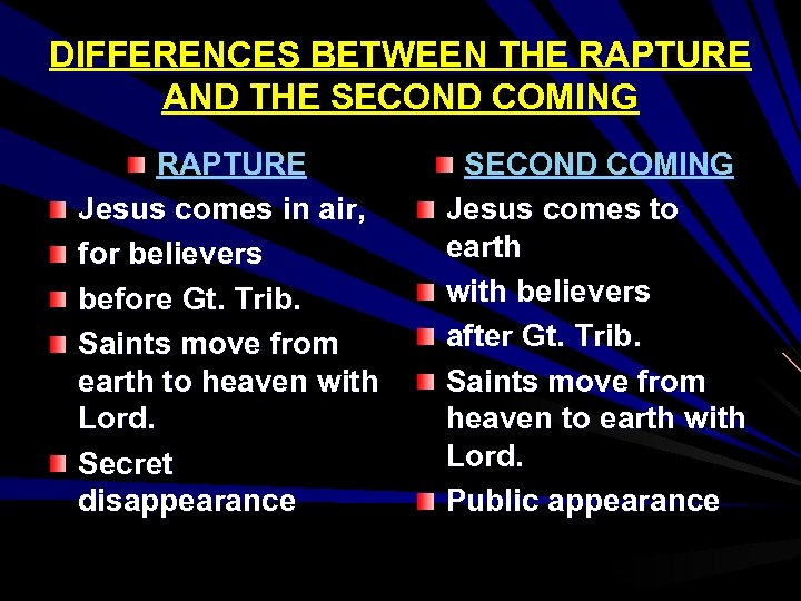 DIFFERENCES BETWEEN THE RAPTURE AND THE SECOND COMING RAPTURE Jesus comes in air, for
