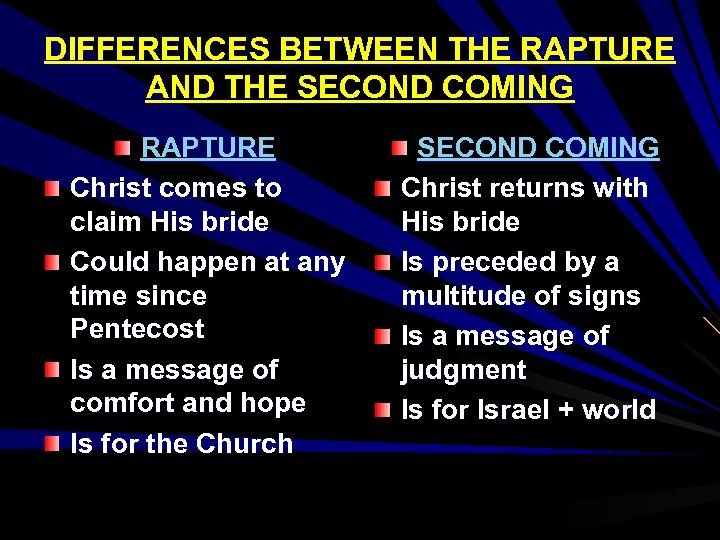 DIFFERENCES BETWEEN THE RAPTURE AND THE SECOND COMING RAPTURE Christ comes to claim His