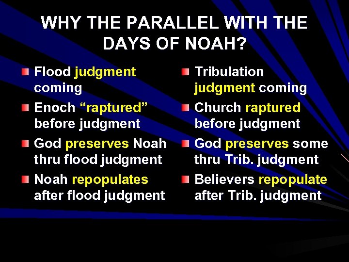 WHY THE PARALLEL WITH THE DAYS OF NOAH? Flood judgment coming Enoch “raptured” before