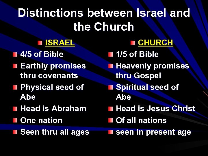 Distinctions between Israel and the Church ISRAEL 4/5 of Bible Earthly promises thru covenants