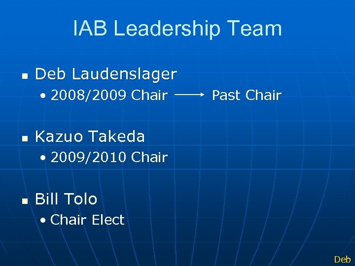 IAB Leadership Team n Deb Laudenslager • 2008/2009 Chair Past Chair n Kazuo Takeda