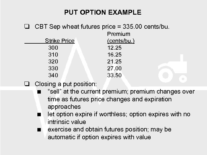 PUT OPTION EXAMPLE CBT Sep wheat futures price = 335. 00 cents/bu. Strike Price