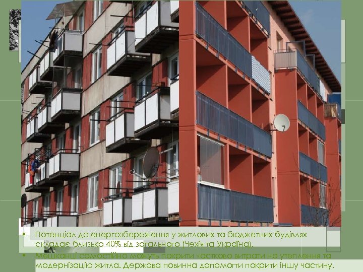  • • Потенціал до енергозбереження у житлових та бюджетних будівлях складає близько 40%