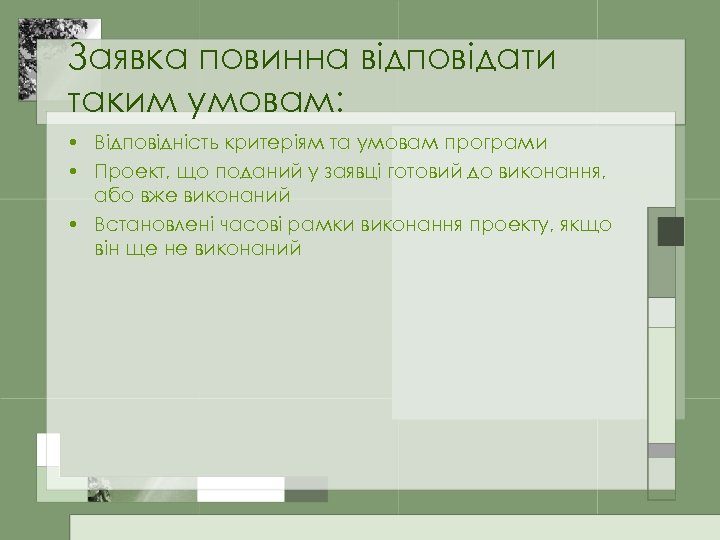 Заявка повинна відповідати таким умовам: • Відповідність критеріям та умовам програми • Проект, що