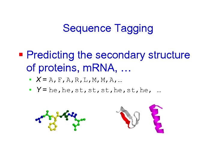 Sequence Tagging § Predicting the secondary structure of proteins, m. RNA, … • X