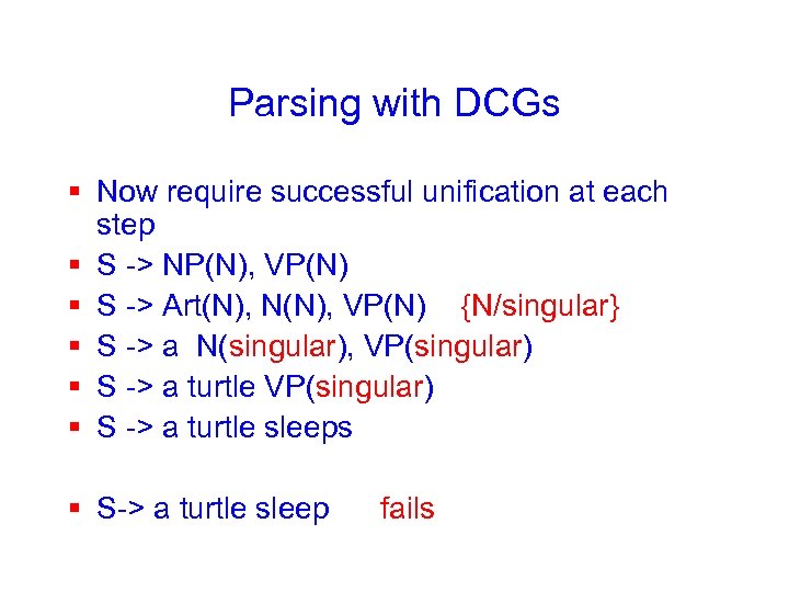 Parsing with DCGs § Now require successful unification at each step § S ->