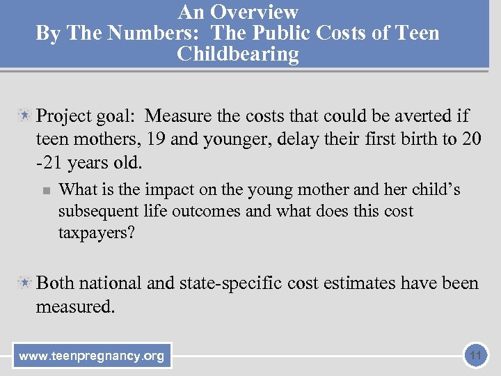 An Overview By The Numbers: The Public Costs of Teen Childbearing Project goal: Measure