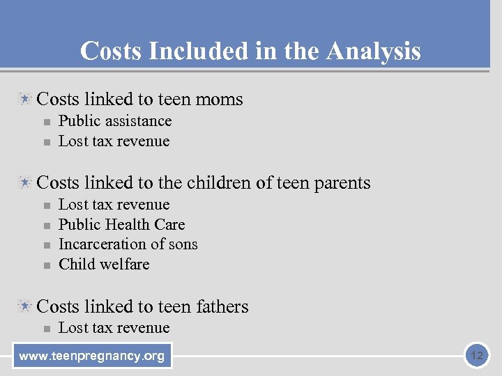 Costs Included in the Analysis Costs linked to teen moms n n Public assistance