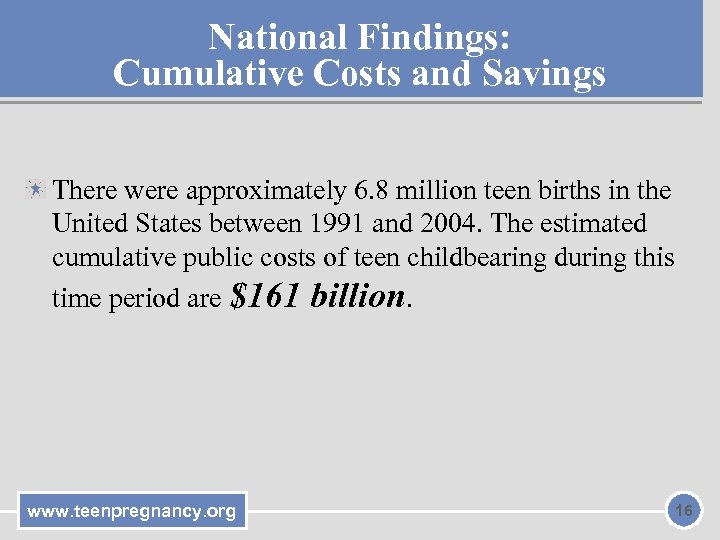 National Findings: Cumulative Costs and Savings There were approximately 6. 8 million teen births