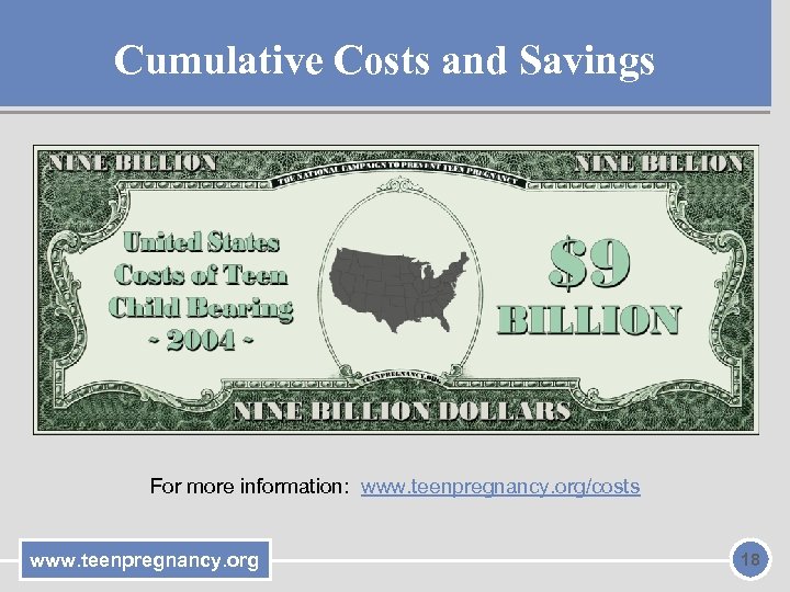 Cumulative Costs and Savings For more information: www. teenpregnancy. org/costs www. teenpregnancy. org 18