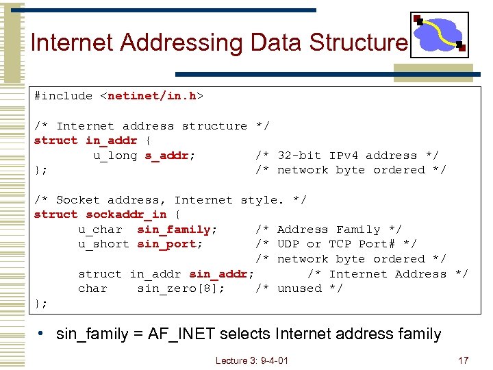 Internet Addressing Data Structure #include <netinet/in. h> /* Internet address structure */ struct in_addr