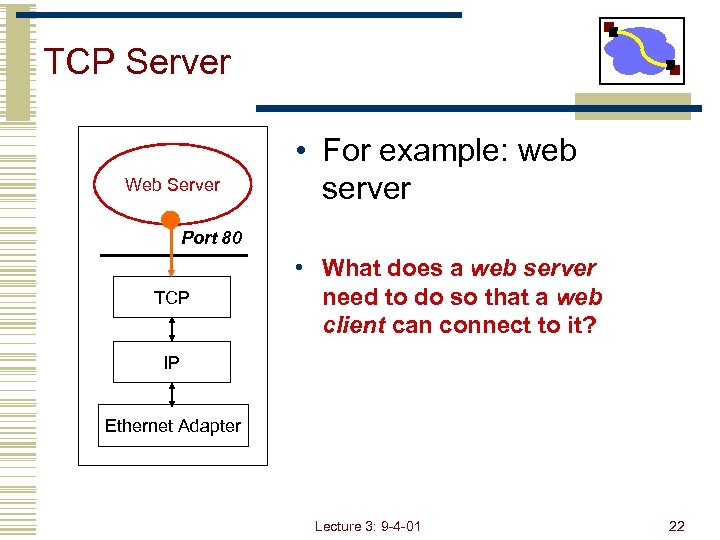 TCP Server Web Server • For example: web server Port 80 TCP • What