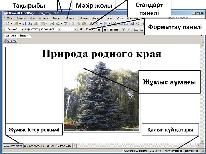 Тақырыбы Мәзір жолы Стандарт панелі Форматтау панелі Жұмыс аумағы Жұмыс істеу режимі Қалып күй