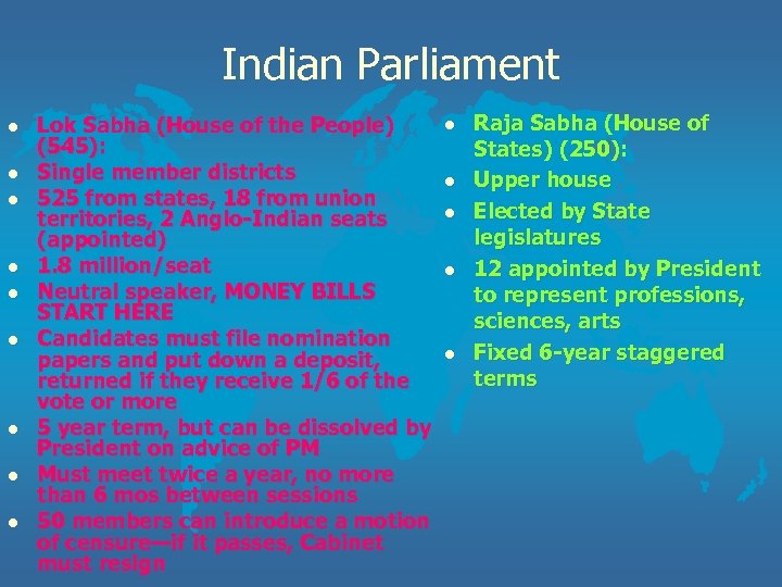 Indian Parliament l l l l l Lok Sabha (House of the People) (545):