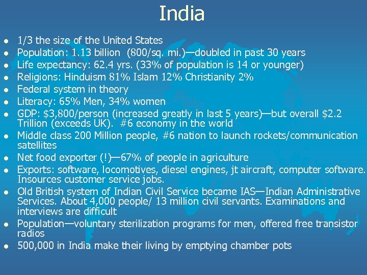 India l l l l 1/3 the size of the United States Population: 1.