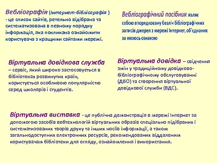 Вебліографія (Інтернет-бібліографія ) - це список сайтів, ретельно відібрана та систематизована в певному порядку