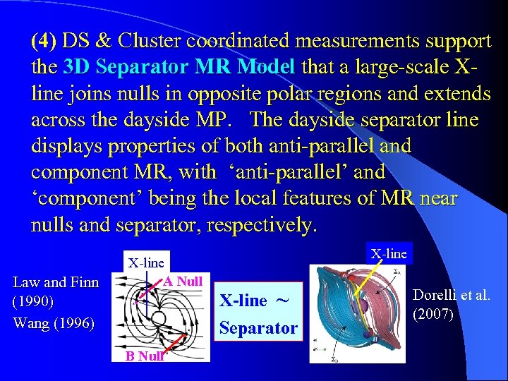 (4) DS & Cluster coordinated measurements support the 3 D Separator MR Model that