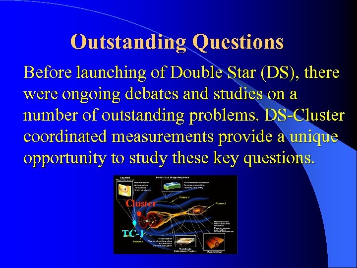 Outstanding Questions Before launching of Double Star (DS), there were ongoing debates and studies