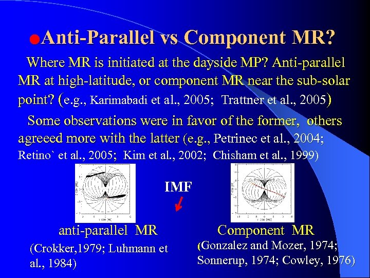 Anti-Parallel vs Component MR? ● Where MR is initiated at the dayside MP? Anti-parallel