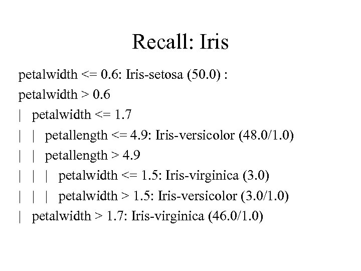 Recall: Iris petalwidth <= 0. 6: Iris-setosa (50. 0) : petalwidth > 0. 6
