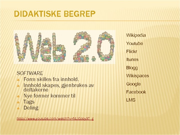 DIDAKTISKE BEGREP Wikipedia Youtube Flickr Itunes SOFTWARE Form skilles fra innhold. Innhold skapes, gjenbrukes