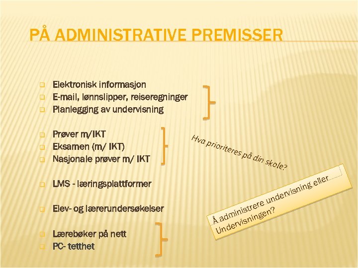 PÅ ADMINISTRATIVE PREMISSER q q q Elektronisk informasjon E-mail, lønnslipper, reiseregninger Planlegging av undervisning