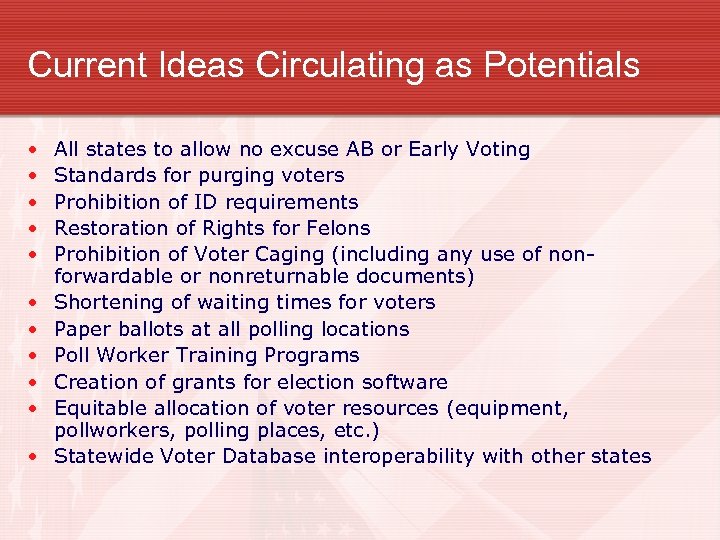 Current Ideas Circulating as Potentials • • • All states to allow no excuse