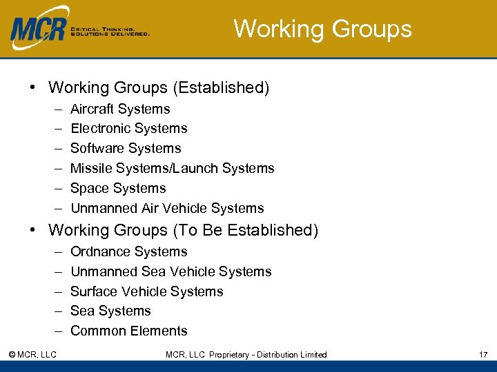 Working Groups • Working Groups (Established) – – – Aircraft Systems Electronic Systems Software