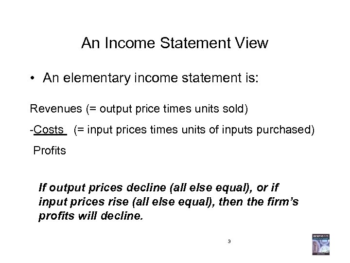 An Income Statement View • An elementary income statement is: Revenues (= output price