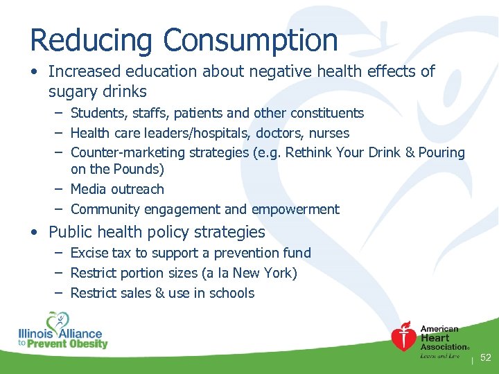 Reducing Consumption • Increased education about negative health effects of sugary drinks – Students,