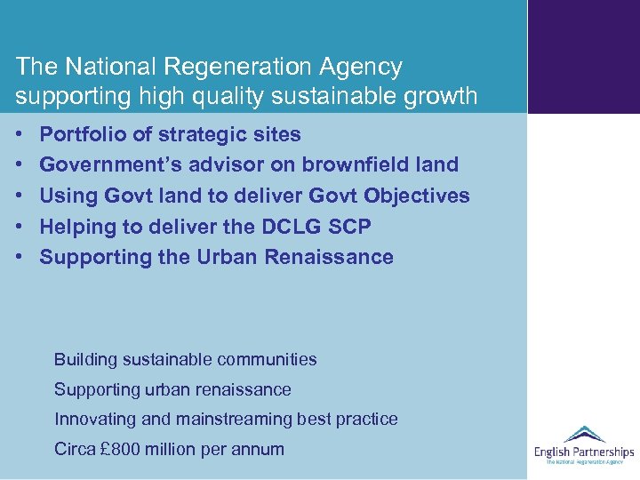 The National Regeneration Agency supporting high quality sustainable growth • • • Portfolio of