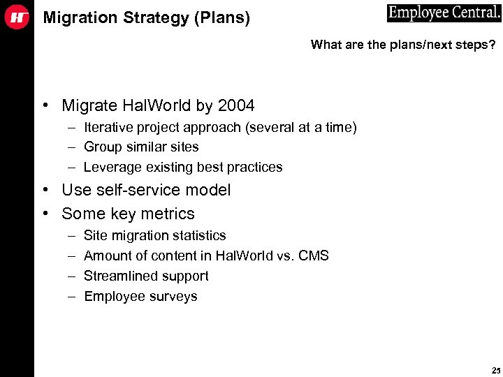 Migration Strategy (Plans) What are the plans/next steps? • Migrate Hal. World by 2004