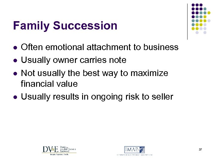 Family Succession l l Often emotional attachment to business Usually owner carries note Not