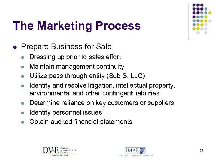 The Marketing Process l Prepare Business for Sale l l l l Dressing up