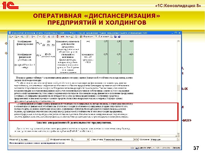  « 1 С: Консолидация 8» ОПЕРАТИВНАЯ «ДИСПАНСЕРИЗАЦИЯ» ПРЕДПРИЯТИЙ И ХОЛДИНГОВ Почему это наиболее